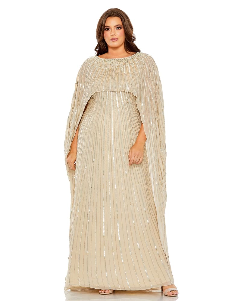 Front of a model wearing a size 14W Embellished Column Cape Gown in Champagne by Mac Duggal. | dia_product_style_image_id:289933